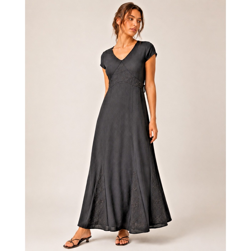 VTG Y2K 90s Black Embroidered Babydoll Maxi Dress Tie Back Whimsigoth Boho Goth